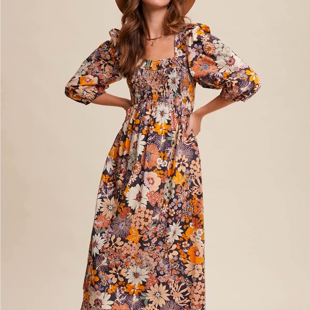 Floral Print Square Neck Puff Sleeve Maxi Dress!